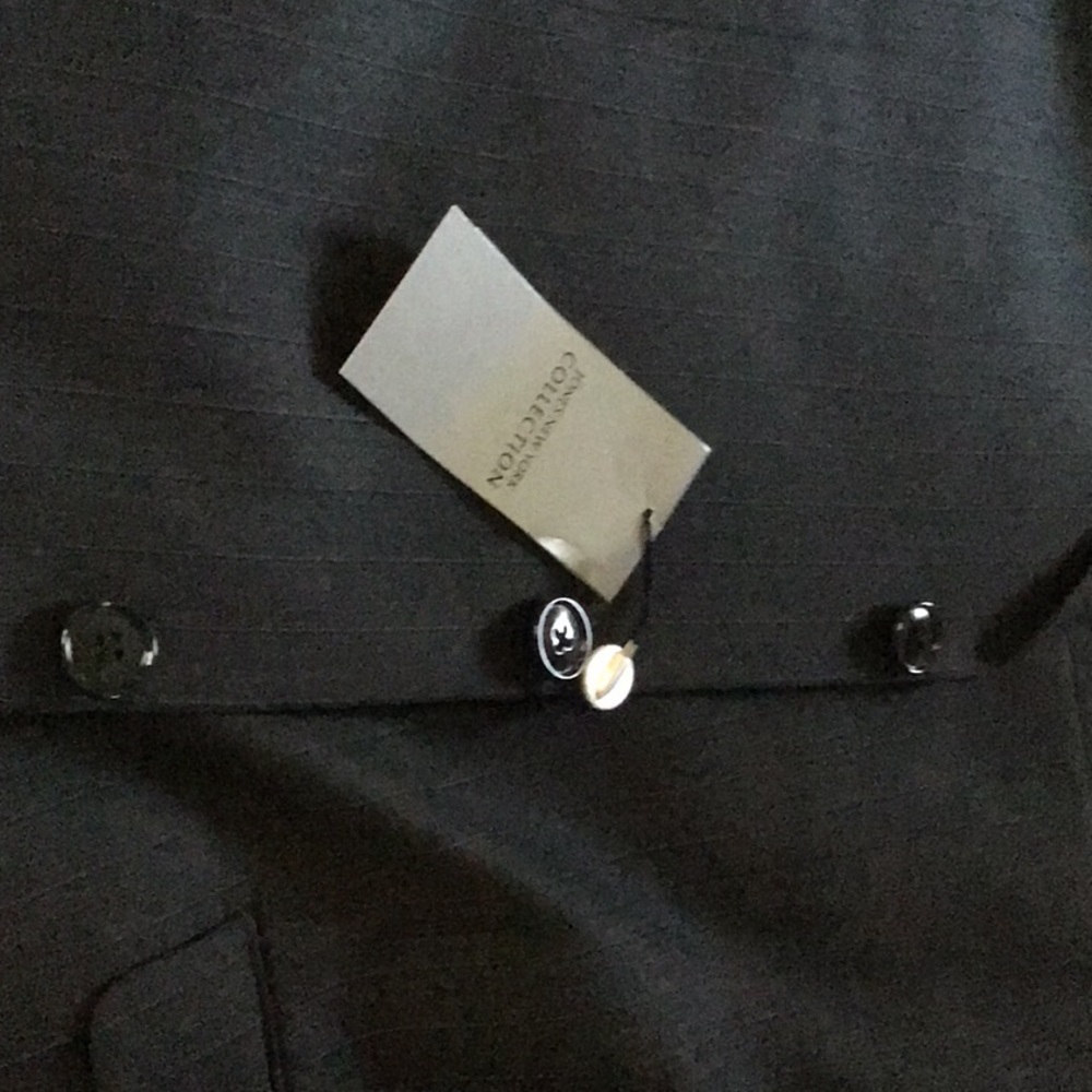Jones NewYork Black Striped Suit. Athletic Fit pleated pants. Men size 46L/38W.